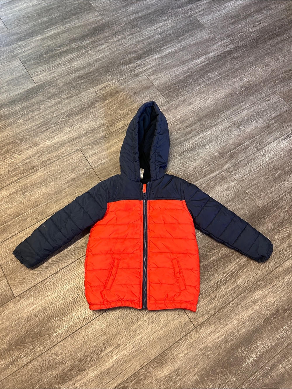 Little Me Hooded Puffer Jacket in Orange and Navy